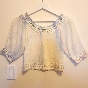 Fox in Gown white blouse with blue and pink print and crochet trim cropped M/L